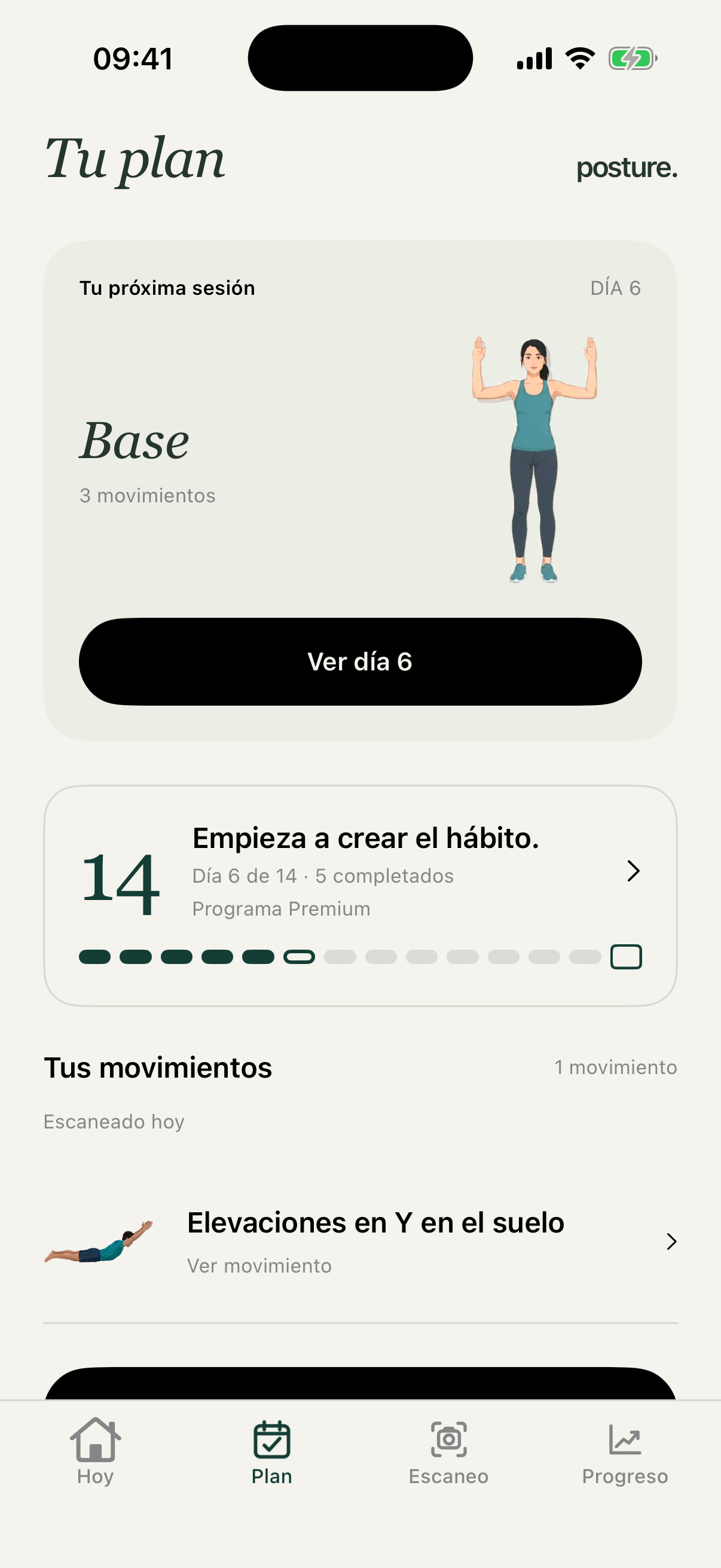 Pantalla Plan de la app Posture de desarrollo con datos de programa y movimiento de ejemplo