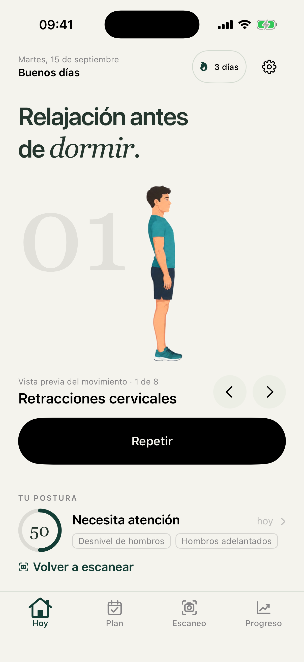 Pantalla Hoy actual de Posture con datos de ejemplo