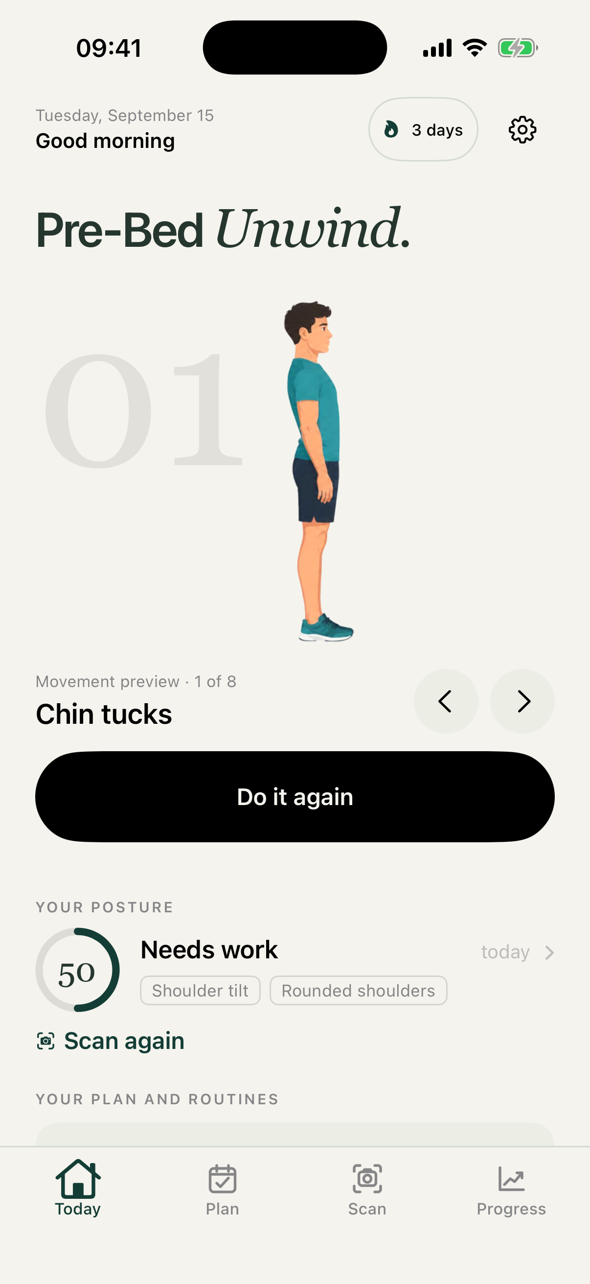 Development Posture Today screen with sample routine data