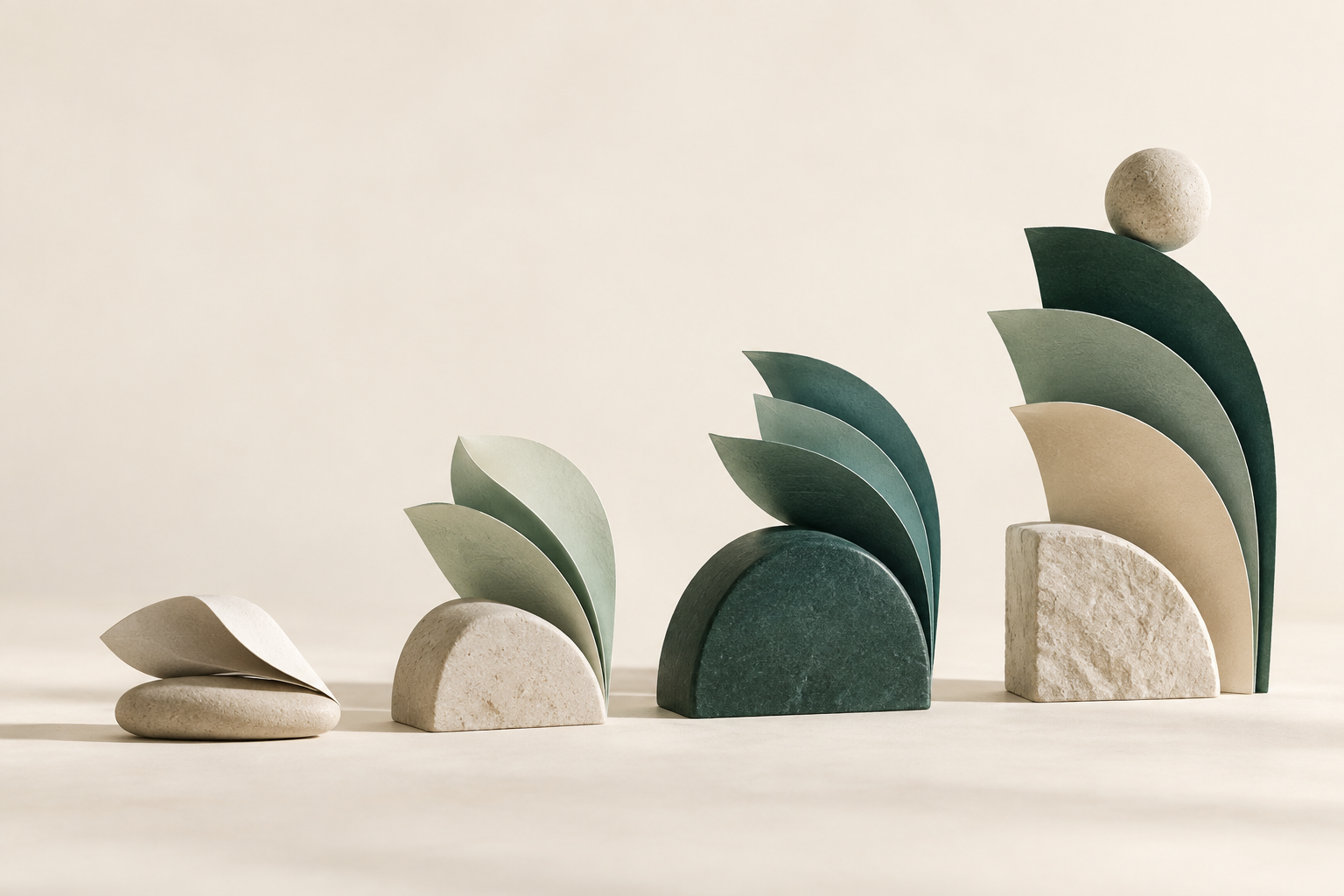 A sequence of cream and forest sculptural forms accumulating across a quiet surface