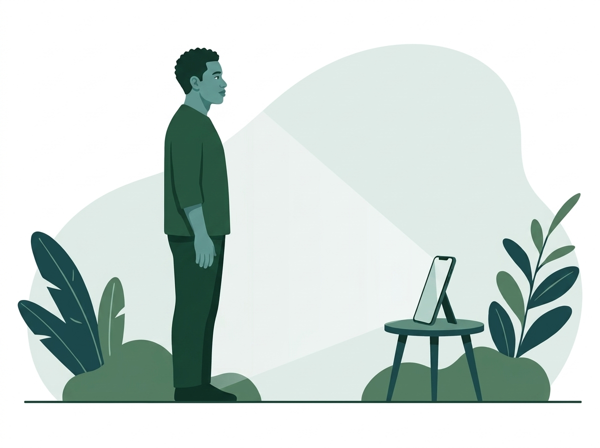 Illustration of a person standing side-on in front of an iPhone